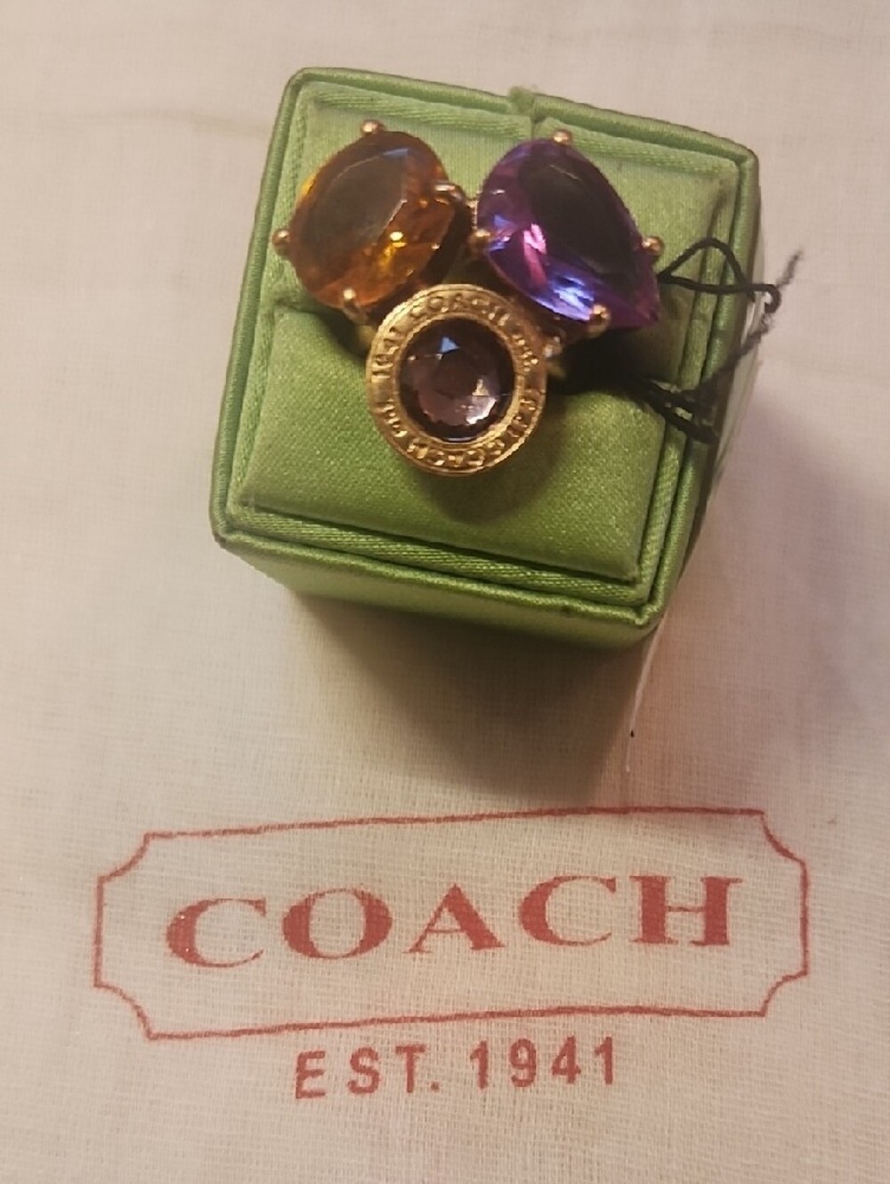 Coach Gold-Tone Ring with Purple and Amber Stones - Picture 8 of 9